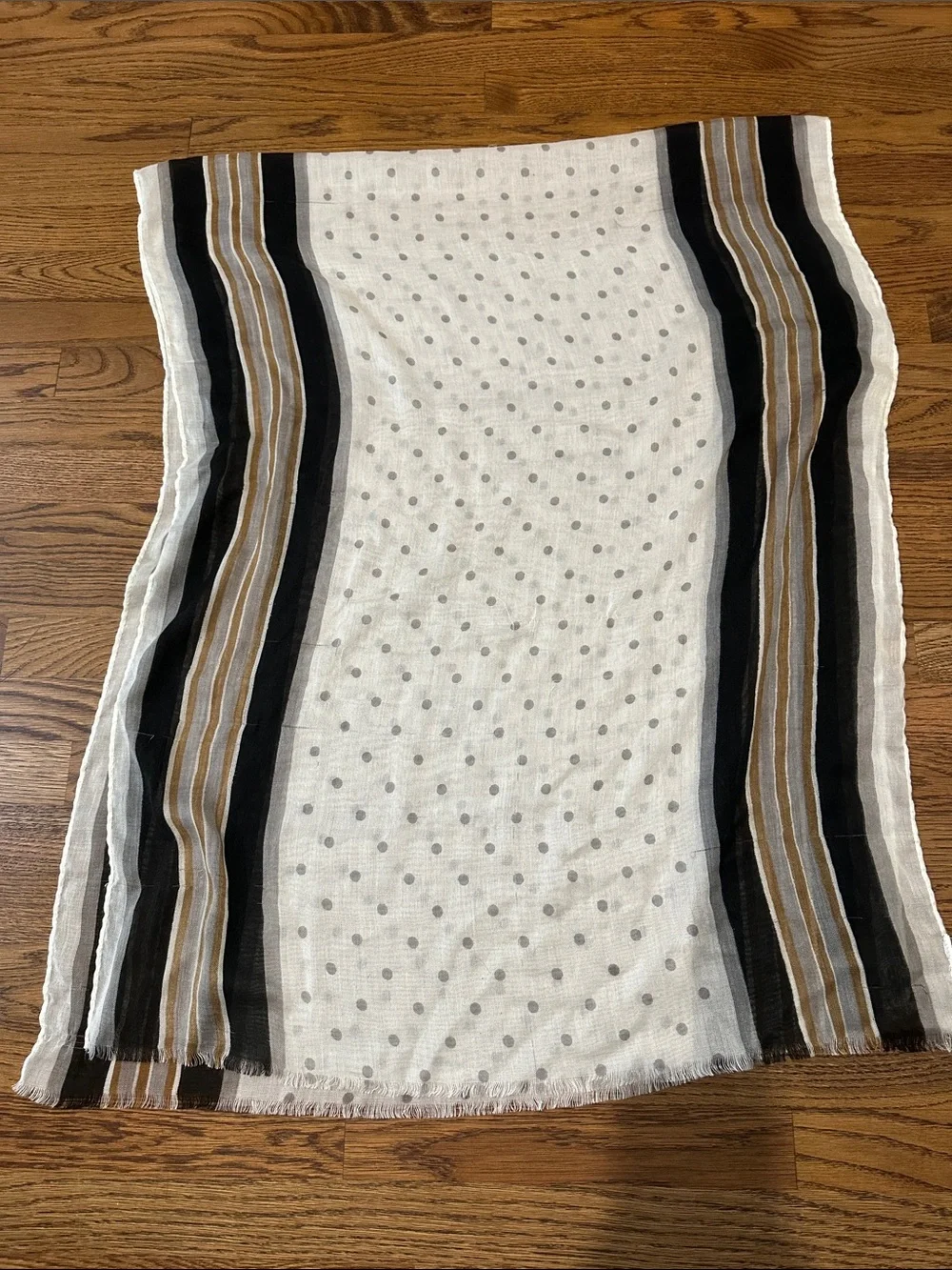 Light Polka Dot & Stripe Scarf in White, Black, and Tan